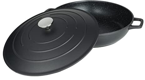 Commichef Cacerola Poco Profunda, Negra, Aluminio Fundido, Con Tapa, 32 cm de Diámetro, 4,5 Litros de Capacidad, Apta Para el Horno y Placas de Cocción, XR-L32BK