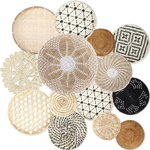 Wesiti Set von 14 gewebten Wandkorb Dekor Boho Wandbehang Dekor Rattan Flach Rund Seegras Körbe Weide Bambus Wandkorb Handgemachte Wandkunst für Bauernhaus Rustikales Wohnzimmer