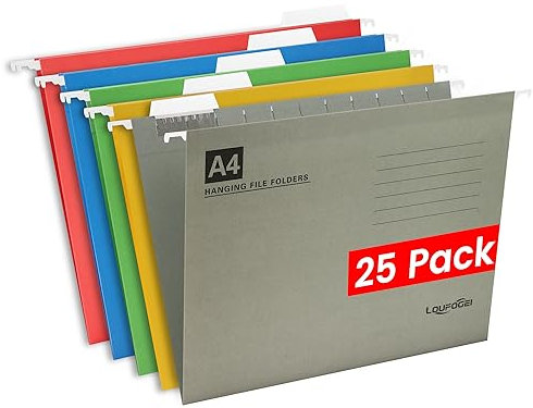 LOUFOGEI Hängeregister A4, 25 Stück hängeregister Mappen mit Tabs und Einsätzen, 230 gsm Manila-Papier Hängemappen A4 für Buero, Schule Organizer Akten (5 Mischfarben)