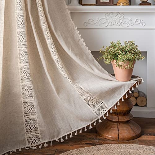 Sedefen Boho Beige Vorhänge Landhausstil Baumwolle Leinen Gardinen Stickerei Halbtransparente Spitze Leinenoptik Gardinen mit Quaste Verdunkelungvorhang Wohnzimmer Schlafzimmer,(B)150x240cm(H),1 Stück