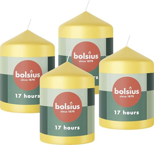 Bolsius Glatte Stumpenkerzen - Gelb - 4 Stück - 8 x 6 cm - Dekorative Haushaltkerzen - Länge Brenndauer 17 Stunden - Unparfümierte - Enthält Natürliches Pflanzenwachs - Ohne Palmöl