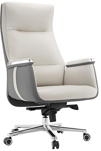 EUREKA ERGONOMIC Hochlehner Bürostuhl, Executive Drehstuhl mit extra breitem Sitz, Ergonomischer Schreibtischstuhl Leder für das Home Office, maximal 136 KG, Beige & Grau