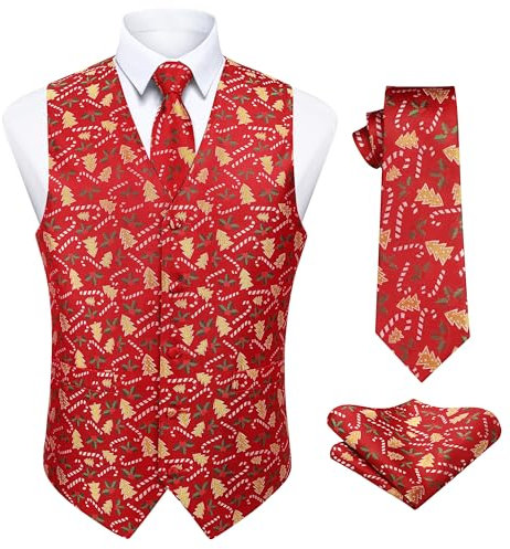 Enlision Herren Weste Funky Weihnachten Christmas Weste Krawatte Taschentuch Weihnachtsweste Set Rot XXL
