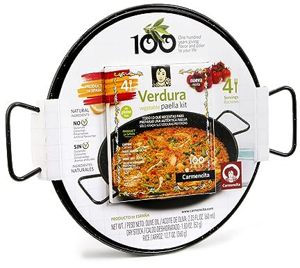 Carmencita - Paella Kit Verduras, Paellera 26 cm | Preparado para paella | Incluye Paellera e ingredientes paella de verduras, SIN GLUTEN | 4 Raciones | Incluye paellera apta para todos los fuegos