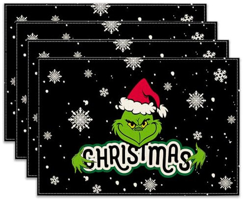 Ohok Weihnachten Tischsets Abwaschbar 4er Set, Polyester Leinen Platzdeckchen 30x45cm, Weihnachten Tischuntersetzer Platzsets für Küche Speisetisch Hotel Weihnachts Tischdeko (Schneeflocke Grinchmas)