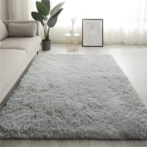 Treer Teppich Wohnzimmer Flauschig, Soft Modern Area Rug Weich Shaggy Teppiche Hochflor Langflor rutschfest Fellteppich Kunstfell Fell Carpet für Schlafzimmer (100 * 160cm,Silber Grau)