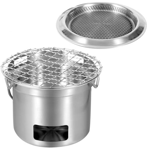 REDCAMP Estufa portátil de leña para camping, estufa de supervivencia de acero inoxidable con rejilla de parrilla y bandeja para hornear, mini estufa de mochilero con bolsa de transporte para acampar