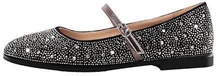 Ankle Strap Ballet Flats Ballerinas Flat Shoes Crystals Flat Pumps with Low Block Heels for Women Studded Sequins Heeled Pumps Buckle Up Flats Slide Slippers Sandals Black Size 13