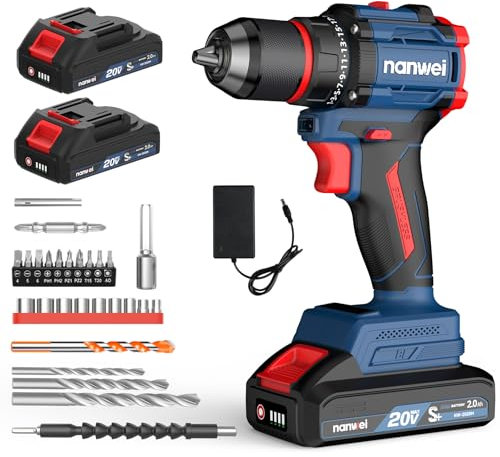 NANWEI Cordless Drill 20V, Powerful Brushless Motor, Electric Drill with 2 Batteries,50N.m, 21 Torque 2 Speed, LED Light, Power Tools Set for Home and Garden DIY Project