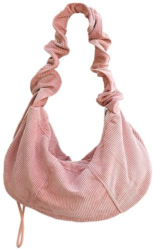 CXINLky Corduroy Umhängetasche mit Kordelzug, Großer Kapazität Hobo Half Moon Cord Tasche, Crossbody Schultertasche Tragbare Halfmoon Bag Tasche für Frauen Täglich Lässige-Rosa