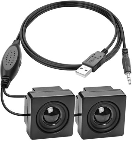 Sarini Paire de Mini Haut-parleurs d'ordinateur pour Ordinateur de Bureau, entrée TRS 3.5mm avec contrôle du Volume, stéréo alimenté par USB, Petits Haut-parleurs de Type caché