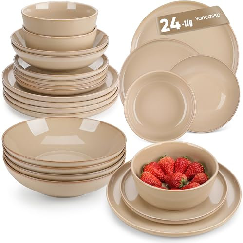 Geschirrset 6 Personen, vancasso PLAYA 24tlg Tafelservice 6 Personen Modern, Steingut Geschirrset, Beinhaltet Schüssel, Dessertteller und Speiseteller, Spülmaschinenfest, Braun