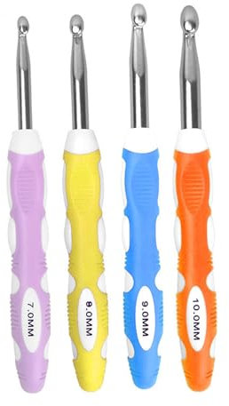 4 x Anfänger-Häkelnadeln, 7,0 mm - 10 mm, ergonomische Häkelnadel, ergonomischer Griff, Häkelnadel zum Häkeln