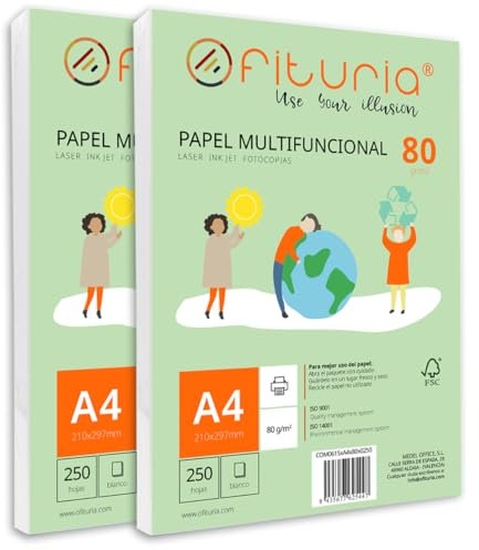 Packung mit 500 weißen DIN A4 Blättern, 80g Druckerpapier. Multifunktionales Kopierpapier für Schule und Büro. Ideal für Laserdrucker, Tintenstrahldrucker oder Kopierer – Ofituria