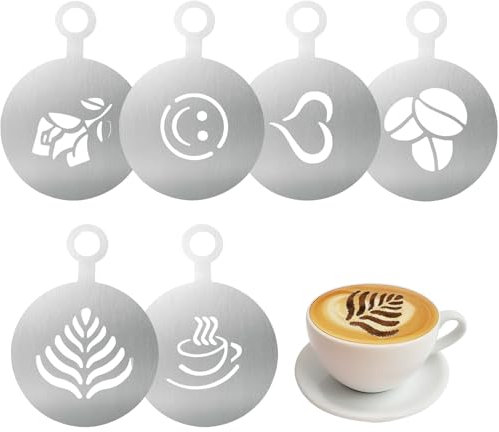 6 Stück Kaffeeschablonen aus Edelstahl, Kaffee-Dekorationsschablone, Cappuccino Kunst Schablone für Barista, Kuchendekorationswerkzeug