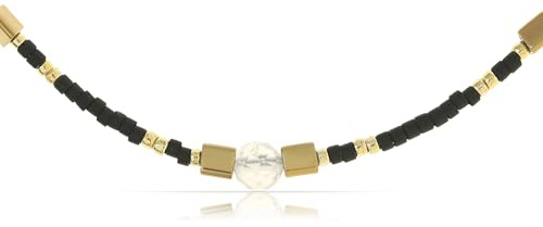 Made by Nami Perlenkette Damen Bunt 40 + 5 cm Perlen Halskette Damen mit Edelstein Boho Schmuck Wasserfest & Hypoallergen Sommer Schmuck (Schawrz)