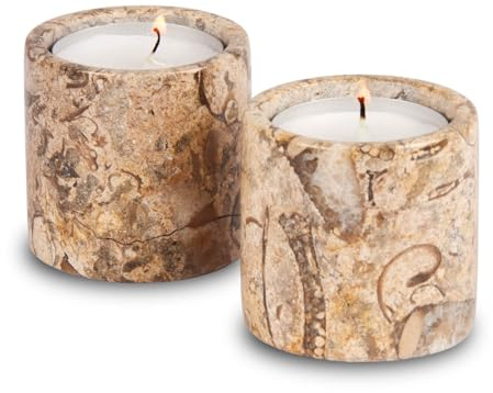 Fossilstone Teelichthalter aus Marmor, 2 Stück, Zylinder-Design, für Heimdekoration, Geschenke und Tischdekoration