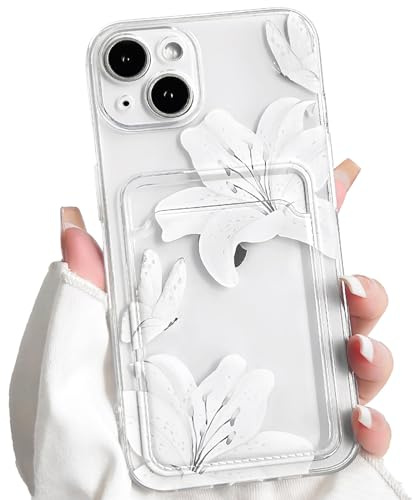 NITITOP for iPhone 14 Case Clear Cute Flower Lily Pattern,White | with Card Holder, for Women Girl, Aesthetic Floral Butterfly Design, Soft TPU Wallet Shockproof Cover, Full Camera Protection