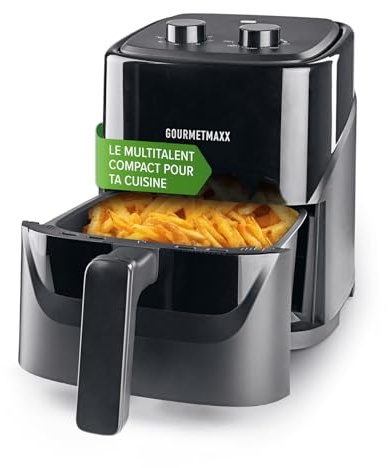 GOURMETmaxx Friggitrice ad aria calda, 3,2 l, 1300 W, nera, meccanica con timer e regolatore di temperatura, friggitrice compatta per friggere, arrostire, grigliare e riscaldare a basso contenuto di
