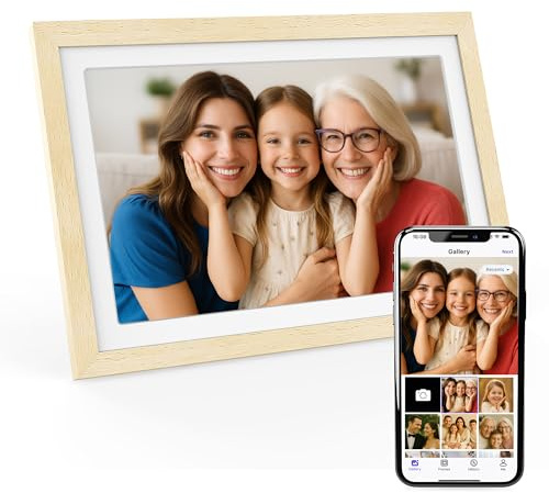 XORO 10,1 tums WiFi, digital fotoram, 1920 x 1080 Full HD 1080P IPS Touch-skärm, 32 GB minne, automatisk rotation, bokträ, dela foton direkt från var som helst