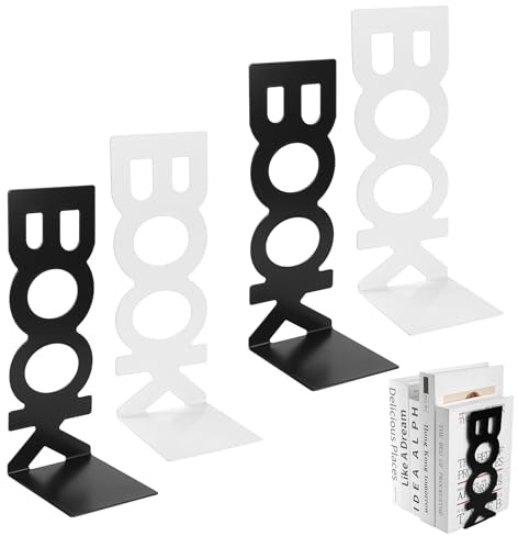 HongSiFang 4 Stück, Weiß & Schwarz，Buchstützen für Regale Metall | Buchständer, Buchhalter, Buchstabendesign, Für Schlafzimmer Schreibtisch Bibliothek