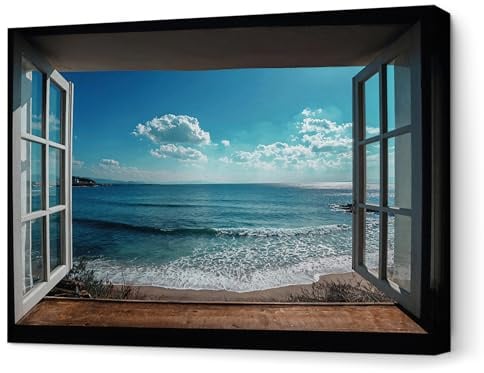 Panorama Cuadros Decoración Salón Modernos - Ventana Playa 70x50 cm - Bastidor de Madera - Lienzos Decorativos para colgar en Pared - Regalos Originales para Dormitorios, Cocina, Habitación