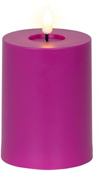 Lumineo LED Kerze mit Timerfunktion 7,5x12cm - Indoor & Outdoor - flackernde Flamme Effekt - Kunstkerze mit 6 Stunden Timer - Outdoorkerzen Tischkerzen Dekokerzen Stumpenkerzen - Lila Warmweiß