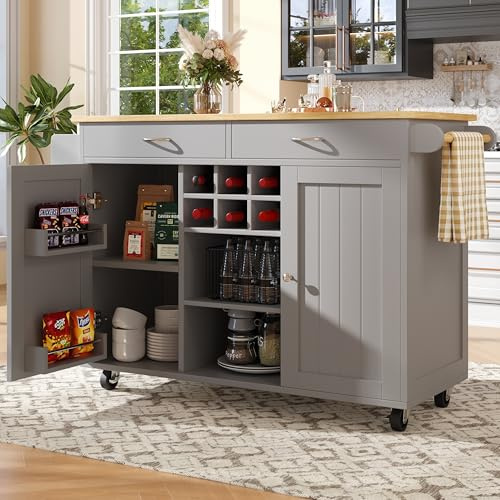 Kitchen Island on Wheels, Rolling Kitchen Storage Trolley with Foldable Tabletop, 3-in-1 Multifunctional Dining Table with Shelves Drawers Towel Rail & Spice Rack, Serving Cart Extendable (Gray-E)