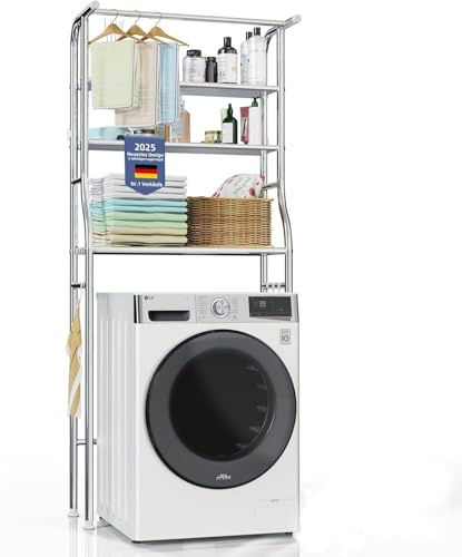 Washing Machine and Toilet Storage, Over The Washer and Dryer Storage Shelf, 3 Tier Laundry Room Metal Drying Rack with Towels Hangers, Space Saver Organizer for Clothes Towels (Stainless Steel MY1)