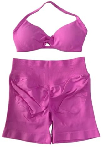 LPATEBCVU Sport Set Damen 2PCS Gym Set Frauen Strappy Yoga BH Top Hohe Taille Workout Scrunch Shorts Sport Anzug Nahtlose(Flowers Pink,L)