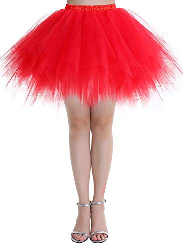 Dressystar LXQC Petticoats Minirock Kurz Unterrock Tutu Unregelmäßig Tüll Damen Mädchen Ballettrock Multi-Schichten Rot L