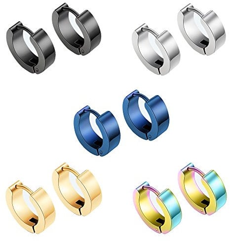 5 Paare Titan 316L Edelstahl Männer ohrstecker set Ohrringe Ohranhänge Silber Schwarz Gold Rund 14mm für Damen Herren, Herren Damen Creolen Ohrringe Set, Allergiefrei Ohrstecker Stecker Ohrschmuck