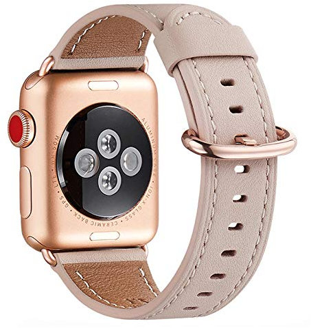 WFEAGL Kompatibel für Apple Watch Armband 40mm 41mm 38mm,Lederband Ersatzband für Herren Damen Kompatibel für iWatch Series 10/9/8/7/6/5/4/3/2/1,SE(38mm 40mm 41mm, Rosa Sand+Rosé Gold Adapter)