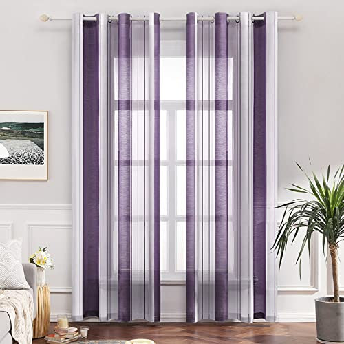 MIULEE Gardinen Gestreift Transparent mit Ösen, Voile Vorhänge Wohnzimmer Modern 2er Set, Vorhang Schlafzimmer Transparent mit Lila Weiss Gestreift Muster, Vorhang Halbtransparent Streifen 140X260 cm