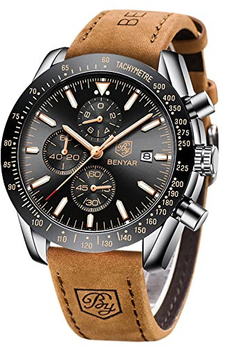 BENYAR Uhren Herren Chronograph Analog Quarz Braun Lederarmband Armbanduhr Herren Wasserdicht Leuchtende Datum Herrenuhr Mode Lässig Sport Business-Kleid Uhren fur Männer Elegantes Geschenk