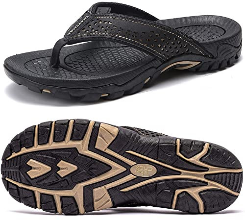 ChayChax Tongs Homme Sandales de Sports Soutien de Voûte Plantaire Flip Flop Chaussures de Plage et Piscine Antidérapant,Noir,43 EU