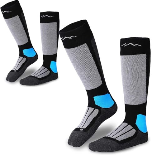 gipfelsport Skisocken für Kinder, Herren und Damen - Dicke Socken aus Merinowolle, warme Merino Snowboardsocken, 2x Paar Skistrümpfe, Schwarz, Größe 32-35