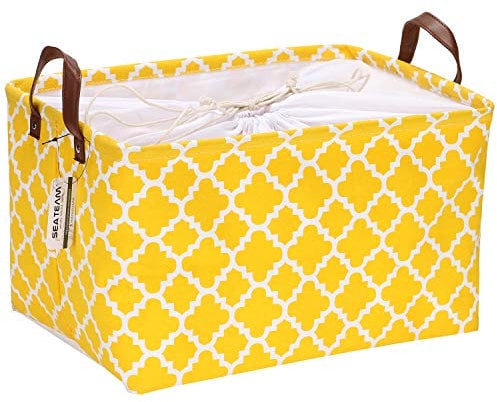 Sea Team Moroccan Pattern Canvas Fabric Storage Basket Collapsible Geometric Design Storage Bin with Drawstring Cover and PU Leather Handles, 16.5 by 11.8 inches, Waterproof Inner
