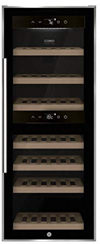 Caso WineComfort 38 Black | Vinoteca para 38 botellas | 2 zonas ajustables a 5-20 °C, táctil, iluminación LED independiente, cristal con filtro UV, color negro