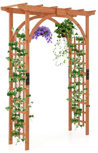 Happygrill Wood Garden Arbor, 84 Inch Outdoor Archway Pergola w/Decorative Hanging Roof & Side Climbing Trellis, Garden Arch for Climbing Plants, Wedding Ceremony Decoration, Lawn, Party