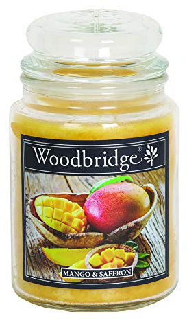 Woodbridge Große Duftkerze im Glas mit Deckel | Mango & Saffron | Duftkerze Fruchtig | Kerzen lange Brenndauer | Raumduft für Zuhause | Kerze 2 Docht