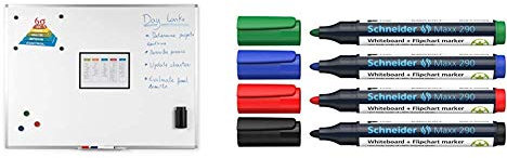 BoardsPlus Magnetisches Whiteboard 90 x 60 cm, Mit Aluminiumrahmen und Stifteablage, Tocken Abwischbar & Schneider Maxx 290 Marker (Rundspitze 2-3 mm Strichstärke) Etui mit 4 Farben
