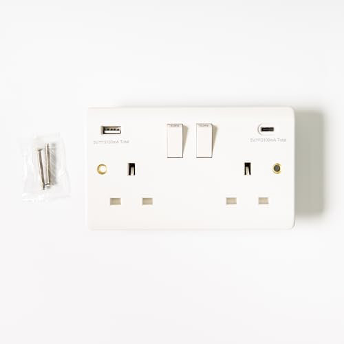 Body-Plus Double Plug USB Socket - 13A with 2 USB Fast Charging Port - 2 Gang Dual Switched Plug Wall Sockets with 3.1Amp USB Outlets Ports Compatible with IPad iPhone Tablet Mobile