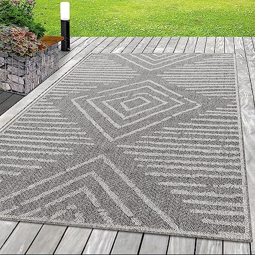 SIMPEX In- & Outdoor Teppich 200x290 cm, Wetterfest & Robust, Flachgewebe mit Modernem Boho-Design in Grau & Creme, Rechteckig für Terrasse, Balkon, Küche, Bad & Wohnzimmer