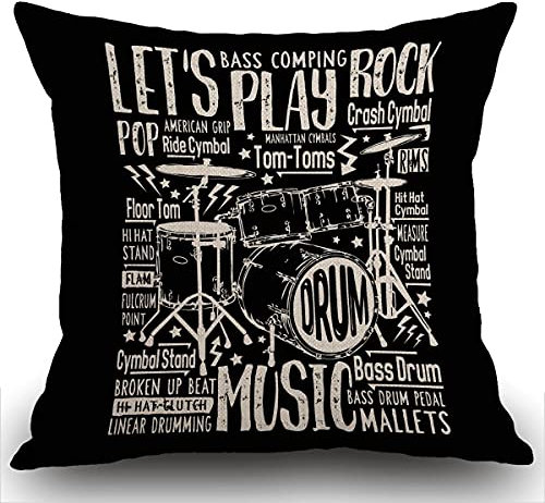 Smooffly Kissenbezug aus Leinen, Motiv: Musik, Rock, Trommeln, Typografie-Design, dekorativ, quadratisch, für Couch / Wohnzimmer / Sofa / Bett, 45 x 45 cm