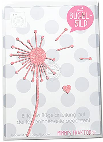 GLITZER Bügelbild Pusteblume m Herz 15 cm Aufbügler Applikationen Bügelsticker für Stoffe Textilien Kinder zum Aufbügeln Flicken, Farbe:Glitzer rosé