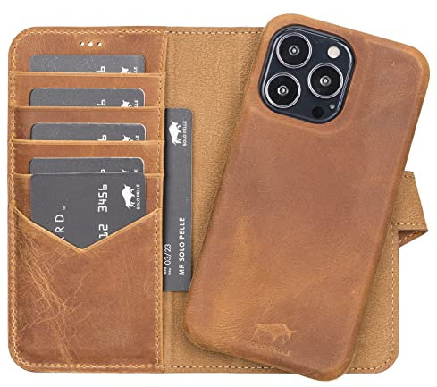Solo Pelle Lederhülle kompatibel für iPhone 13 Pro in 6.1 Zoll abnehmbare Hülle (2in1) inkl. Kartenfächer für das original Apple iPhone 13 Pro (Vollleder Camel Braun)