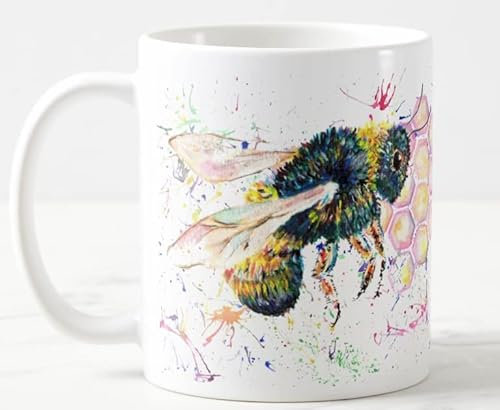 Vixar Bee Bees Honeycomb Wildlife Watercolour Art Coloured Mug Cup Gift Birthday Work Office Christmas Tea Coffee (White)