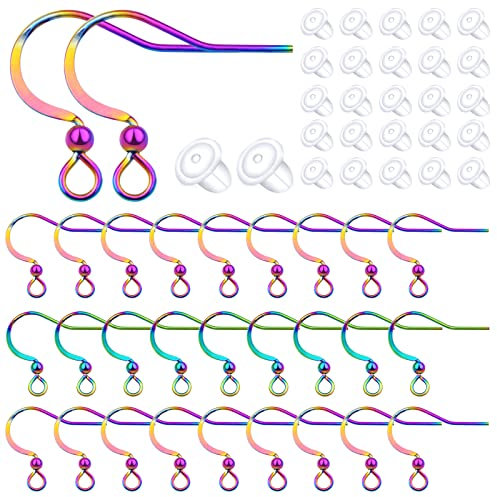 50pcs Stainless Steel Earring Hooks Hypoallergenic Ear Wires Earring Fish Hooks with 50pcs Clear Silicone Earring Backs for DIY Jewelry Making(Rainbow Color)