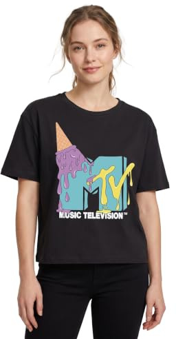 MTV Cropped T-Shirt for Women | Ladies Music Television Band Songs Ice Cream Logo Black Crop Top | Festival Clothing Merchandise